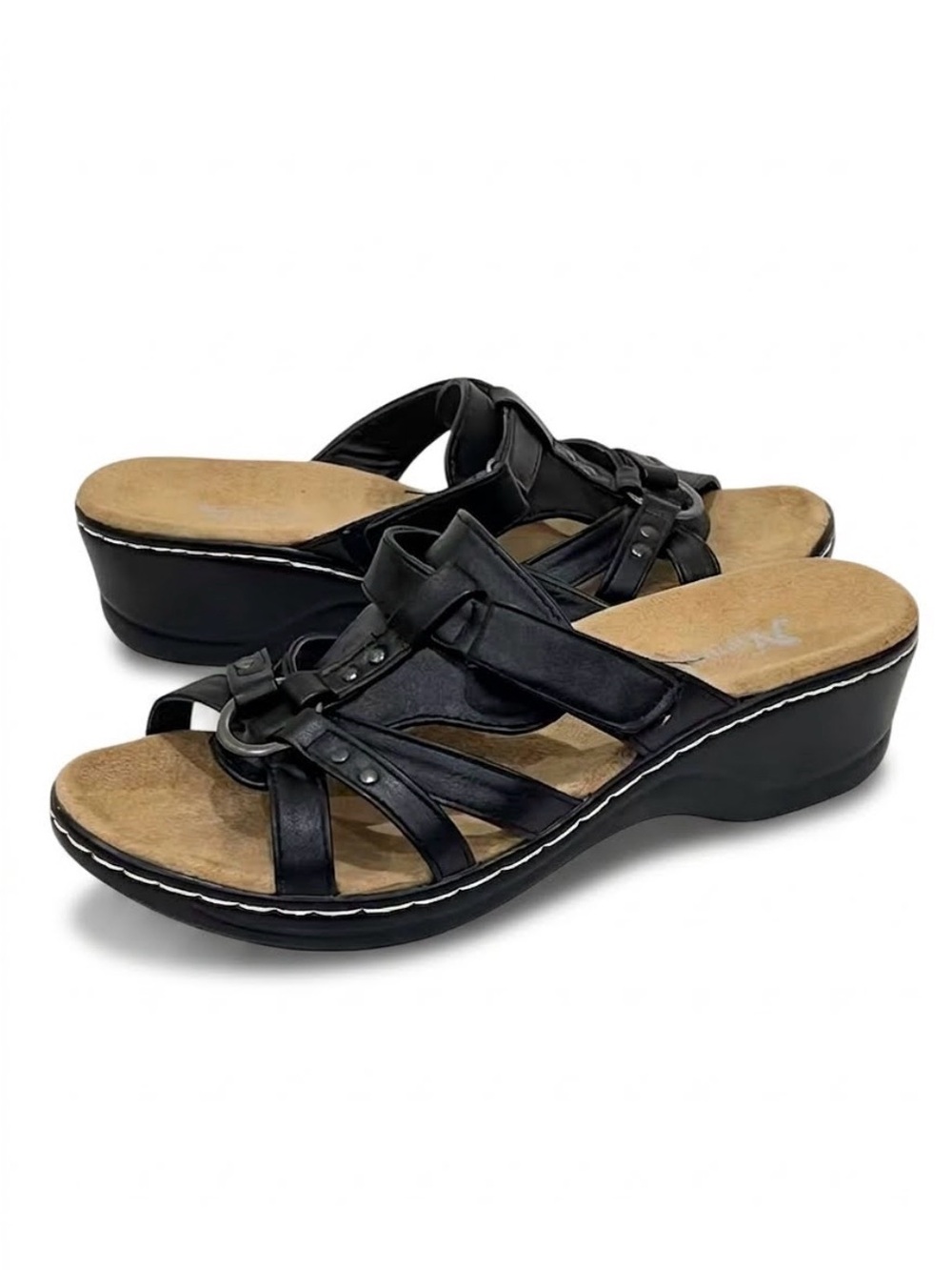 Natural Reflections Black Faux Leather Aleisha Wedge Sandals Size 7